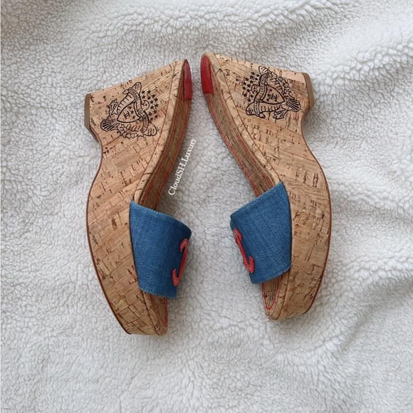 Auth Chanel Classic Red CC Logo Blue Denim Cork Wedge Sandals - Size 38.5 - Picture 4 of 9